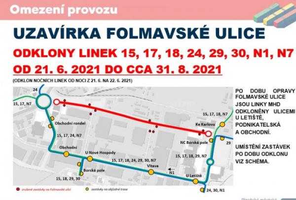 Od 21. června 2021 bude uzavřena Folmavská ulice v Plzni. Důvodem je oprava povrchu vozovky