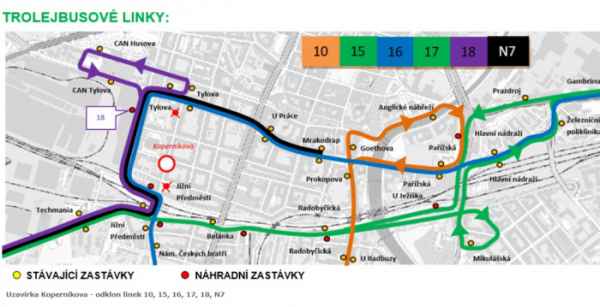 Plzeňská křižovatka Koperníkovy a Bendovy ulice projde opravou. Linky MHD změní trasu i dvě zastávky